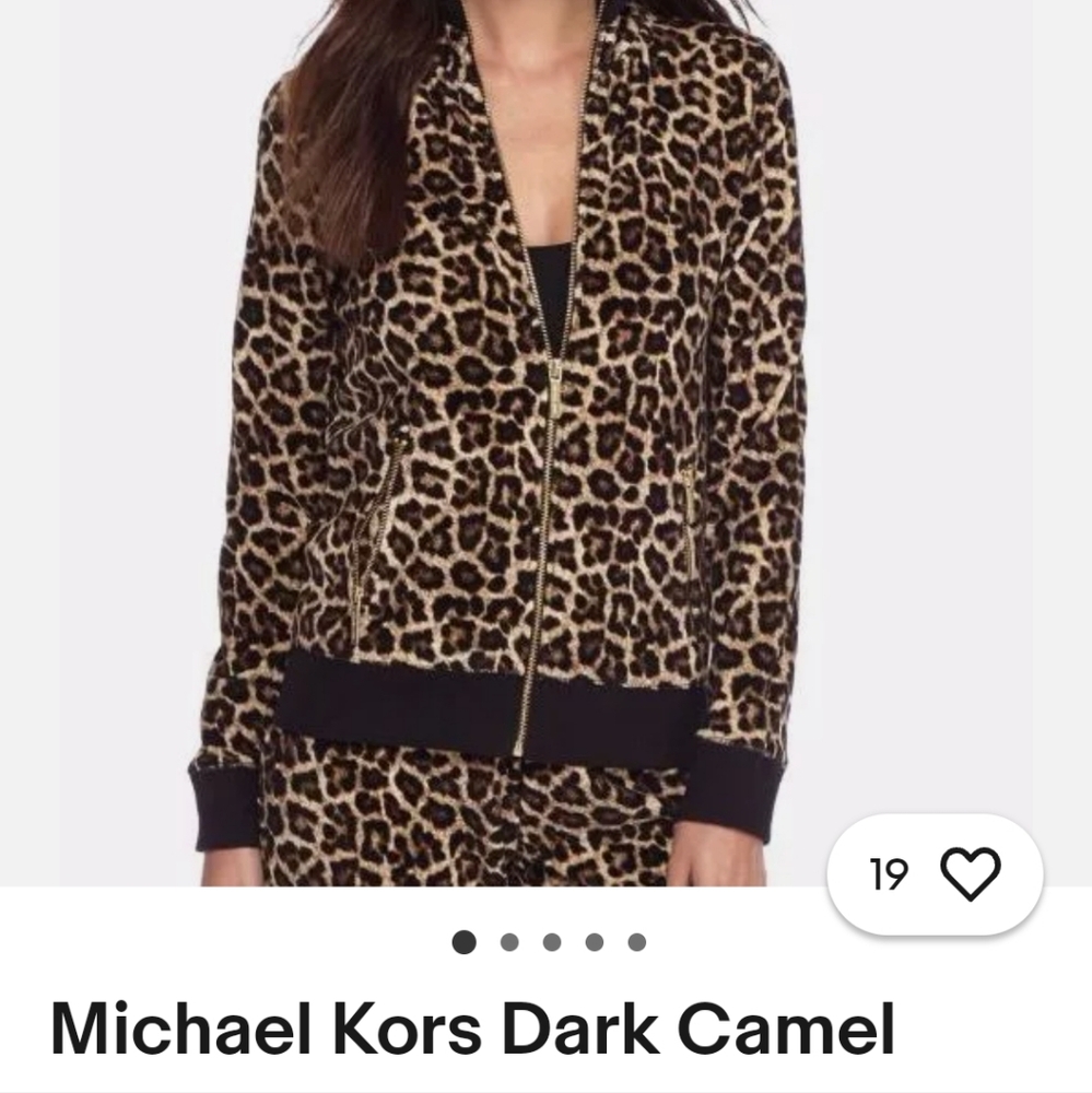 Michael Kors Dark Camel Zip Front Leopard stretch velour Jacket Sz XS